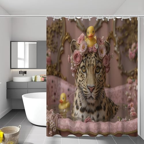 Fabric Shower Curtain Blush Pink Rose Cheetah Design For Bathroom, Elegant Animals Shower Curtains Waterproof Mould Proof Resistant 94X78, Washable Fabric, Includes Hooks