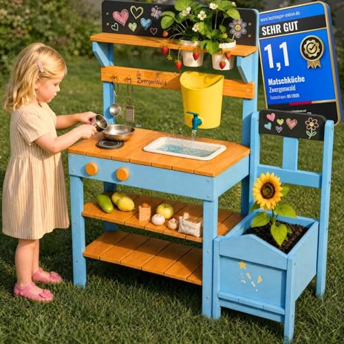 Matschküche Kinder Outdoor mit Wassertank & Spülbecken, mit Pflanzkasten, Mud Kitchen Holz, Spielküche Outdoor Höhenverstellbar, Matschtisch Kinder, Kinderküche Holz Wetterfest