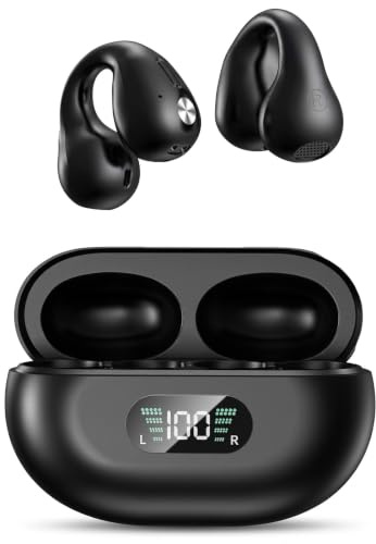 Open Ear Earbuds, Clip on Earphones, Wireless Earbuds Bluetooth 5.3 | Bone Conduction Bluetooth Earbuds, Waterproof Sports Earbuds, Intelligent Digital Display, Lightweight, Black