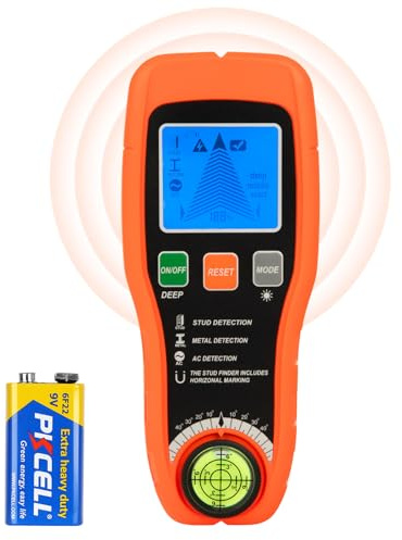 Leitungssuchgerät Multifunktionaler Stud Finder mit LCD-Display, Erkennung von Drähten mit Wechselstrom, Holzbalken, Rohren, Nägeln und Wasserwaage, Wandsensor (Orange)