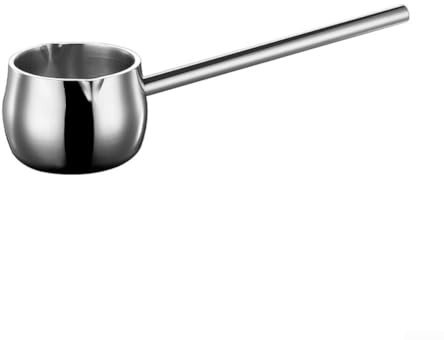 Beurrier à fond plat en acier inoxydable avec longue poignée isolée et double bec verseur, idéal pour les sauces individuelles ou le réchauffement du lait avec une prise en main sûre et un chauffage