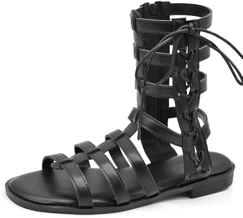 IF Sandali Gladiatore Donna alla Schiava, Stivaletti Estivi Aperti con Cinturini e Lacci, Chiusura Zip Posteriore, Sandali Romani Bassi C825 nero N.40