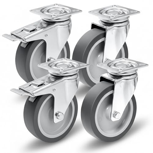 PRIOstahl Transportrollen 100mm Grau | Set 4 Möbelrollen | 2 Lenkrollen mit Bremse + 2 Lenkrollen | Leise & spurlos | Robuste Apparaterollen für Möbel, Werkstatt, Industrie, Garage, Schrank & Regale