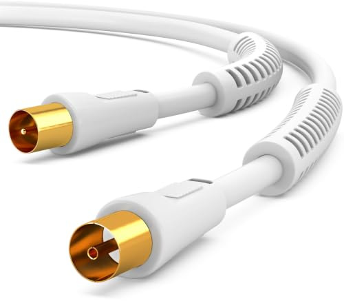 HB-DIGITAL TV Antennenkabel 1 m – Koaxialkabel für UHD, 4K & 8K HDTV – mit Mantelstromfilter & 2× Ferritkern – DVB-T/DVB-T2 / DVB-C – Vergoldete Stecker – Weiss
