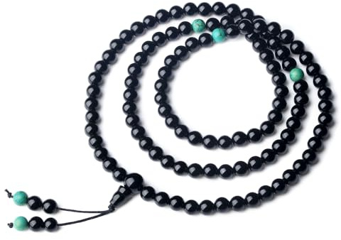 COAI Collana con Perle in Onice e Turchese, Rosario Tibetano Unisex