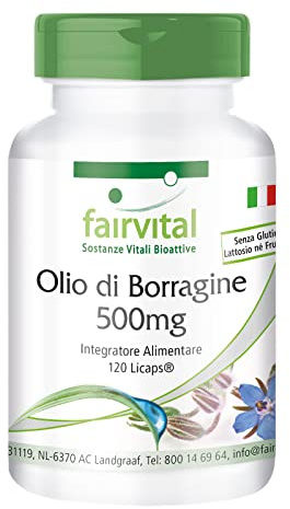 fairvital Capsules d'huile de bourrache 500mg, 120 LiCaps®, faciles à avaler, HAUTEMENT DOSÉES, pressées à froid, riches en acide gamma-linolénique (oméga-6), VÉGÉTALIENNES