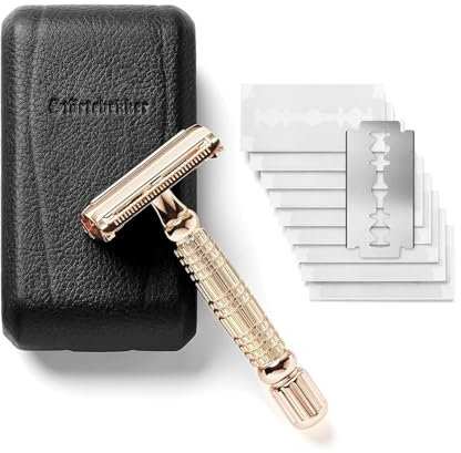 Störtebekker® Rasoio di Sicurezza in astuccio in pelle fatto a mano [con 10 lamette Störtebekker] Set di rasatura effetto vintage - Rasoio a umido di prima qualità - rasoio barba uomo (Rosa Oro-Nero)