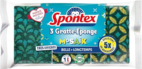 SPONTEX - Grattaspugna Mosaik - 12 spugne raschianti verdi decorate con motivi colorati estetici - Confezione da 4 confezioni da 3