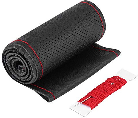 KIMISS Cubrevolante de Cuero láser para Coche, Universal 37-38cm, diseño Negro y Rojo, Antideslizante y Transpirable