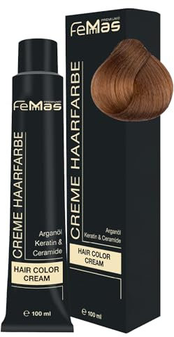 FemMas teinture pour cheveux Blond Clair Doré Intensif 8.33 I Crème professionnelle à l'huile d'argan, kératine et céramides I Coloration permanente ou teinture pour des résultats durables I 100 ml
