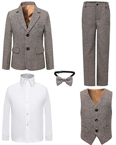 Boy's 5 Pieces Tuxedos Toddler Formal Suits Set Kids Slim Fit Suit for Weddings Size 6 Linen