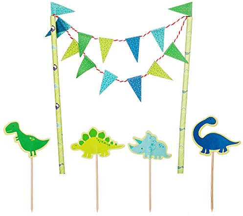 Decoración de tartas dinosaurio cumpleaños niño, azul adorno de tarta banderín cadena guirnalda dino adorno de cupcake tapón de pastel palillo de dientes para bebés niños decoración de fiesta