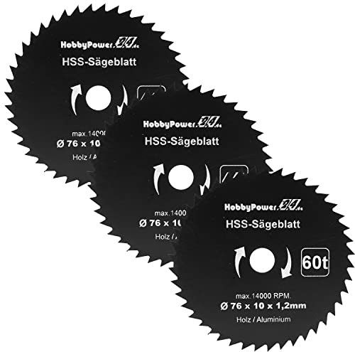 3 Stück HSS Kreissägeblatt 76 x 10 mm 60 Zähne Sägeblatt Neu für Mini Handkreissäge Tauchsäge Kreissäge