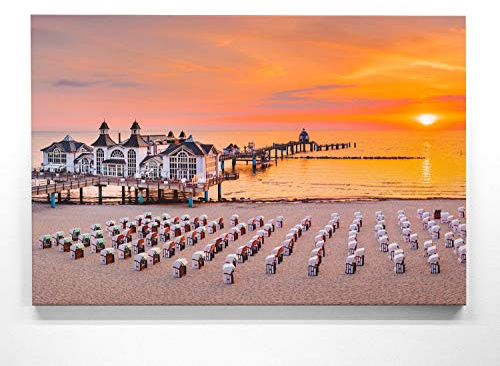 Atemberaubendes Ostsee Panorama Leinwand-Bild 120x80cm, Motiv Sellin Seebrücke. Ein einzigartiges XXL Wandbild als Deko für Wohnzimmer, Schlafzimmer, Küche. Aufgespannt auf Holzrahmen