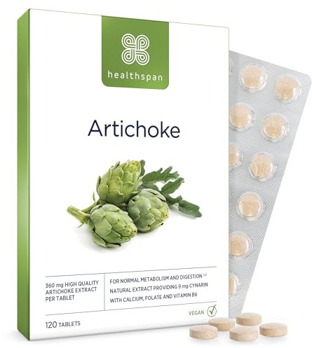 Healthspan Artischockenextrakt 360 mg | Unterstützt Verdauung & Lebergesundheit | Hochfeste Artischocken-Tabletten mit 7,2 mg Cynarin | mit Kalzium, Folsäure & Vitamin B6 | Vegan | 120 Tabletten