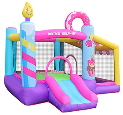 Doctor Dolphin Bounce House Inflatable Bouncy Castle with Blower for Toddlers Outdoor or Indoor Pink Bouncer House Jumping House Castle with Slide Dount Theme