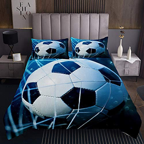 Tbrand 3D Fußball Tagesdecke 170x210cm Schwarz und weiß Steppdecke für Kinder Jungen Mädchen Fußball ins Netz Sport Softest Bettüberwurf Schwarz Kuscheldecke Bunte Gesteppte Decke Wohndecke 2St