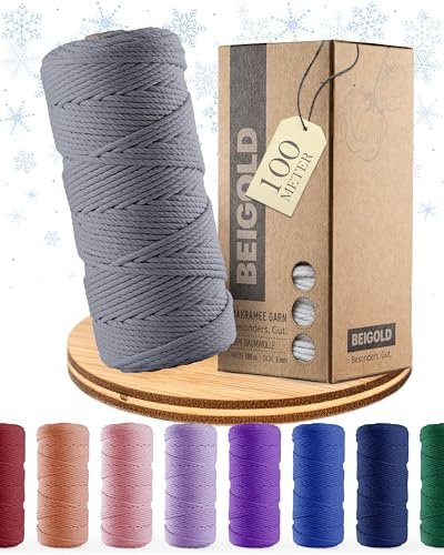 BEIGOLD® Premium Makramee Garn 3mm x 100m, Grau | Baumwollmischgarn, Zum Knüpfen von Macrame, Rope Garn, Für Kunst DIY Handwerk