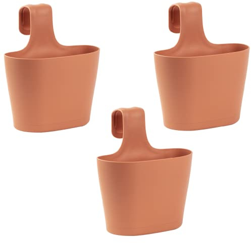Gariella 3X Blumenkasten oval 2,8 Liter Balkon Übertopf Pflanzkasten Blumentopf zum Hängen mit 1. Bügel und Wasserspeicher Rotbraun