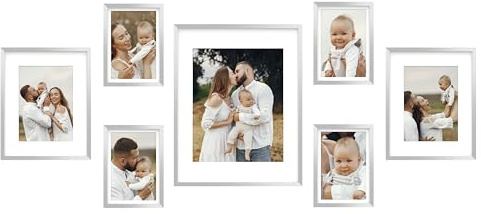 FrameWorks 7-Piece Deluxe Silver Aluminum Contemporary Picture Frames with Tempered Glass – Includes Four 5”x7”, Two 8”x10”, and One 11”x14”