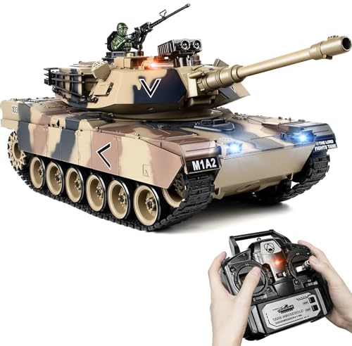 Supdex Carro Armato Telecomandato M1A2, 1:18 RC Tank Militare Desertico con Fumo, Suoni, Luci e Sparo BB, Carro Armato Radiocomandato Realistico, Modello di Carro Armato per Adulti e Bambini 6+