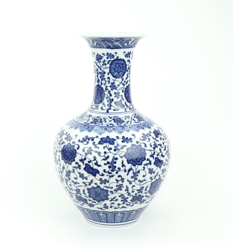 Fine Asianliving Vase Chinois Porcelaine Lotus Bleu Blanc D21xH33cm Chinois Vase avec Couvercle Asiatique Jingdezhen Mandarin Décorative