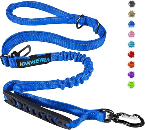 Iokheira Correa para Perros de 5 pies, 4 en 1, Ajustable, con cinturón de Seguridad para el Coche y asa Acolchada, elástica y Reflectante (Azul)