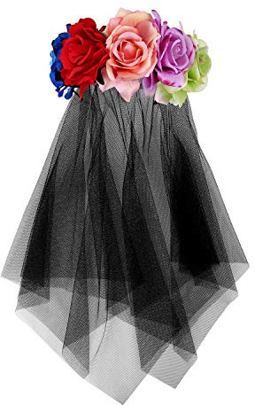 Blume Stirnband Halloween Kopfschmuck Tag Der Toten Blumenkranz Damen Mädchen Blume Krone mit Spitze Haarschmuck Rose Haarband Brautschleier Kopfbedeckung für Halloween Karneval Cosplay Fotografie