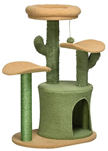 PawHut Cactus Cat Tree 83cm Cat Climbing Tower Kitten Activity Centre w/Cat House, Bed, Sisal Scratching Post, Hanging Toy Ball - Green