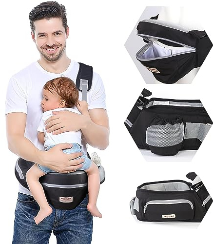 Baby Hip Carrier with Foldable Seat 180゜ Up-Down for Infant,Adjustable Straps Also as Waistband Extender,Huge Pockets,Ergonomic Waist Stool for Newborn to Toddlers Gift All-Seasons (Black)