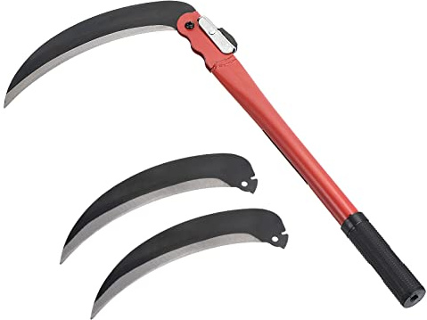PATIKIL 17 Inch Folding Harvest Sickle, Carbon Steel Blade Weed Remover Scythe Grafting Knife Brush Cutter with 2Pcs Spare Blade for Farming