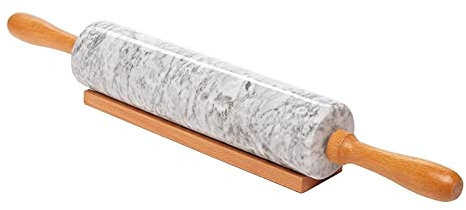 perfk Mattarello con Manico in Legno e Base Risparmia Fatica Mattarello in Pietra di Marmo per Biscotti, Bianco