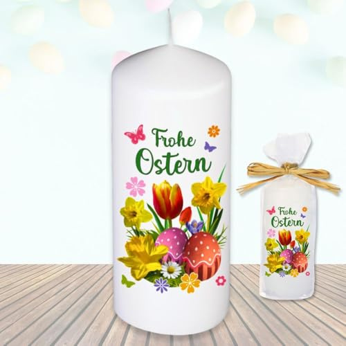 Stumpenkerze Kerze - Frohe Ostern Ostereier Blume bunt - Für Dich zu Ostern bunte moderne Motive Farben mit Geschenkfolie und Schleife Osterkerze in Geschenkverpackung als Ostergeschenk