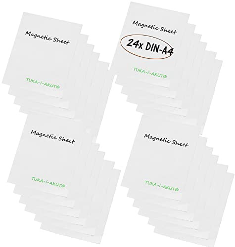 TUKA 24x A4 Feuille Magnétique pour la Découpe, Inscriptibles et Effaçable, Film Aimant Flexible Plaque magnétique, pour Tableau Blanc, Étiquette Magnétique, Affiche, Lot de 24 en Blanc, TKD9040
