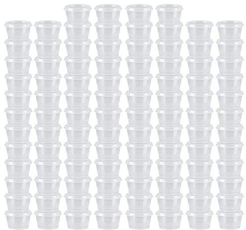 MIUPOO Runde Sauce Becher, Plastik Sauce Bechers, Transparente Sauce Becher, Mit Scharnierabdeckung, Kann Für Alle Arten Von Saucen, Runde 100 Sätze, 1 Unze Verwendet Werden.