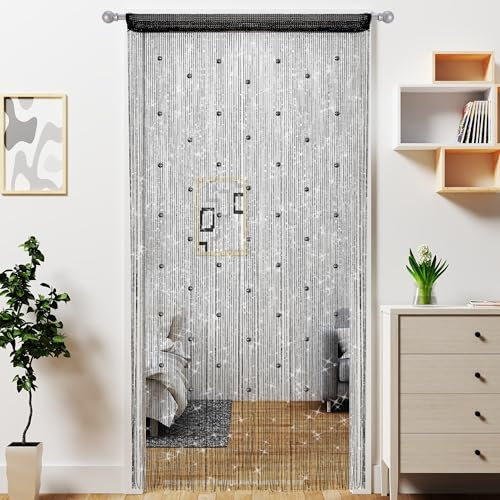 Atsweetlife Perlenvorhang, Türvorhang, Perlenvorhänge, hängende Raumteiler, Perlendekoration, Hippie-Glitzer-Fransen-Panel, Schrank, Fenster, Türen, Pailletten, Boho-Türen, Quaste (schwarz)