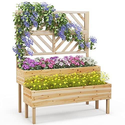 RELAX4LIFE Jardinière avec Treillis à 2 Niveaux en Bois avec Trou de Drainage, Jardinière Surélevée pour Plantes Grimpantes, Bac à Fleurs pour Balcon Jardin Terrasse 109X62X135CM (Naturel)