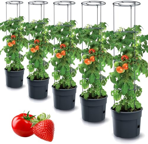 Tymar Tomatentopf, Tomatenkübel, Tomatenpflanze, Tomaten Balkon, mit Rankhilfe Rangitter, mit wasserspeicher (5 Stück, ø 30 cm)