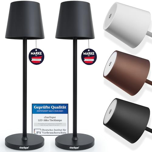 charlique® LED Tischlampe kabellos (Doppelpack) - Dinner Light schwarz 38 cm - Akku Tischleuchte mit USB, aufladbar, warmes Licht, indoor & outdoor geeignet