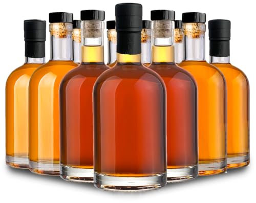 Danmu Art 12 x 375ml Glass Bottles with Cork Stopper Lids for Gin Liqueur Spirits Glass Container - Transparent Thick Glass,Black Lids (12)