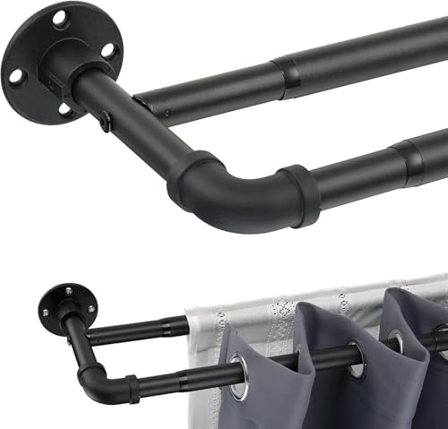 Bastone per Tende Corsa Interna 2 Stili Industriali, 73-309cm Asta per Tende Regolabile in Acciaio Inox con Testa Flangia e Supporti per Soggiorno Camera da Letto Finestra/Nero Opaco