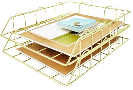JIARI Schreibtisch-Organizer, stapelbar, Briefablage, Papier-Organizer, Metall-Schreibtisch-Organizer für Briefe/A4-Papieraufbewahrung, für Bürobedarf (Gold, 2 Stück)