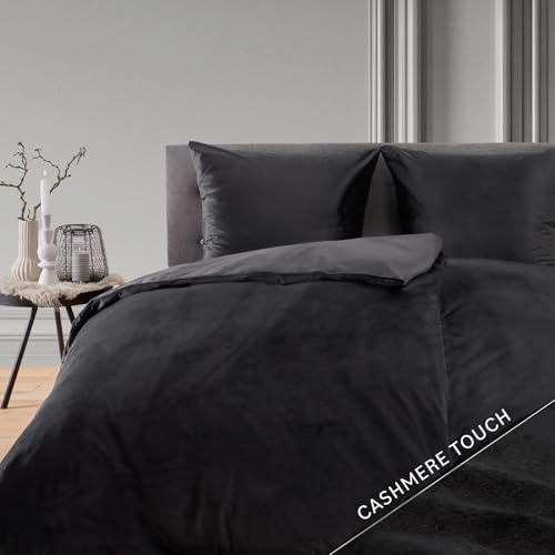 Blumtal Winterbettwäsche 135x200 cm, 4-teiliges 2er-Set – Cashmere-Touch Plüsch aus Flauschiger Mikrofaser, Oeko-TEX Zertifiziert, 2 Deckenbezüge + 2 Kissenbezüge 80x80 cm – Schwarz