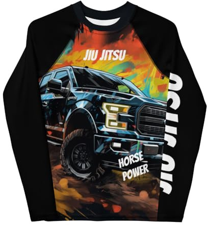 Generic Youth Boys No Gi Jiu Jitsu Rash Guard - Horse Power Truck - BJJ, Wrestling White, 14