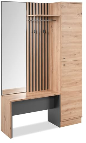 Homestyle4u 2743, Garderobe mit Sitzbank und Spiegel Holz Eiche Anthrazit Garderobenschrank Garderobenset Flurgarderobe