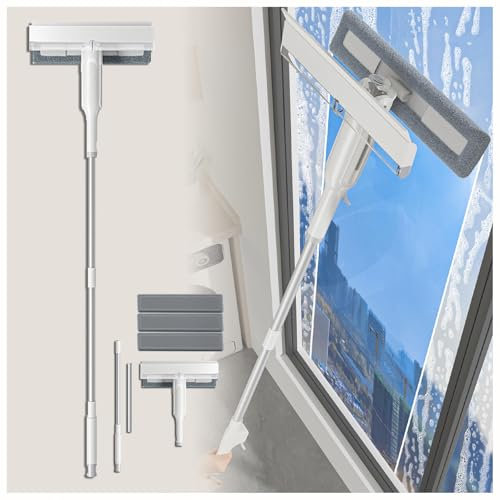 RYJYQYX 4 in 1 Sprüh Fensterwischer Mit Teleskopstiel mit Abwassersammler und 3 Pads, Fensterputzer Teleskop mit Verlängerungsstange Sprühwischer für Badezimmer,Fenster,Spiegel