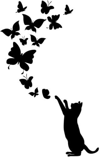 Cat & Butterflies Cute Stickers - Easy-to-Apply - Waterproof Decal - Scrapbooking, Cars, Water Bottles, Laptops, Fun Gifts (Black, Large)