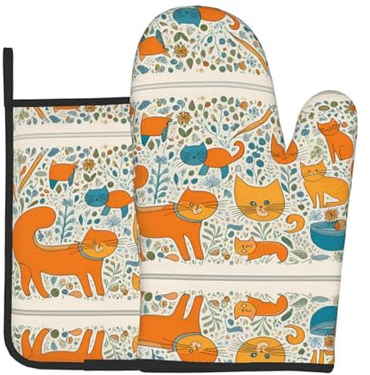 YYHWHJDE Set di 2 guanti da forno e presine con immagine di gatto arancione in stile cartone animato per aprire i coperchi delle pentole in cucina e per trasportare piatti dal forno a microonde