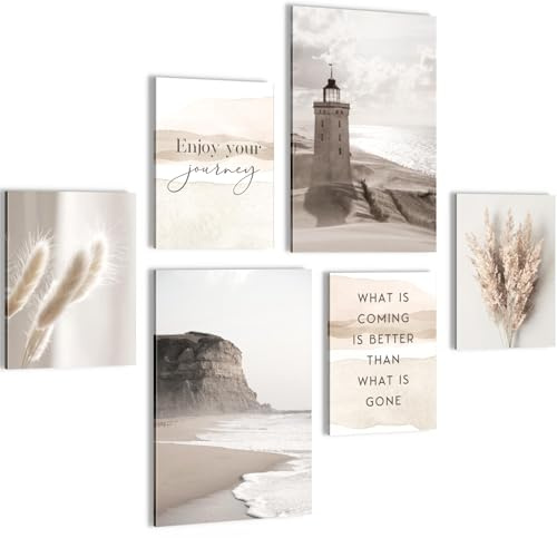 Novart Bilder Strand Meer Boho - KOMPLETT AUFHÄNGFERTIG - Beige Wohnzimmer Schlafzimmer Flur - 6 Moderne Mood-Bilder - N033767a