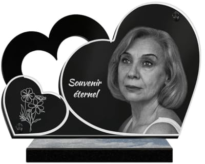 ETERNEL - Personalisierte Grabplatte Doppelherz Blumen Foto und Text anpassbar, lasergravierte Grabplatte für Hommage, Grabstein, Friedhof, Trauer, Zeremonie